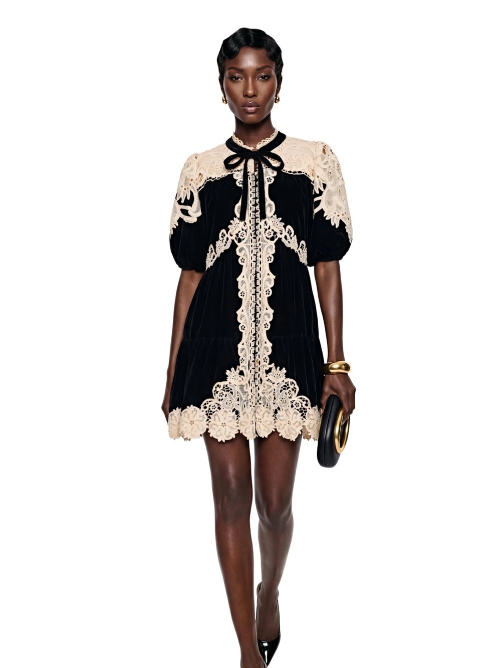 Black Mini Dress with Cream Lace Trim and Bow Neck